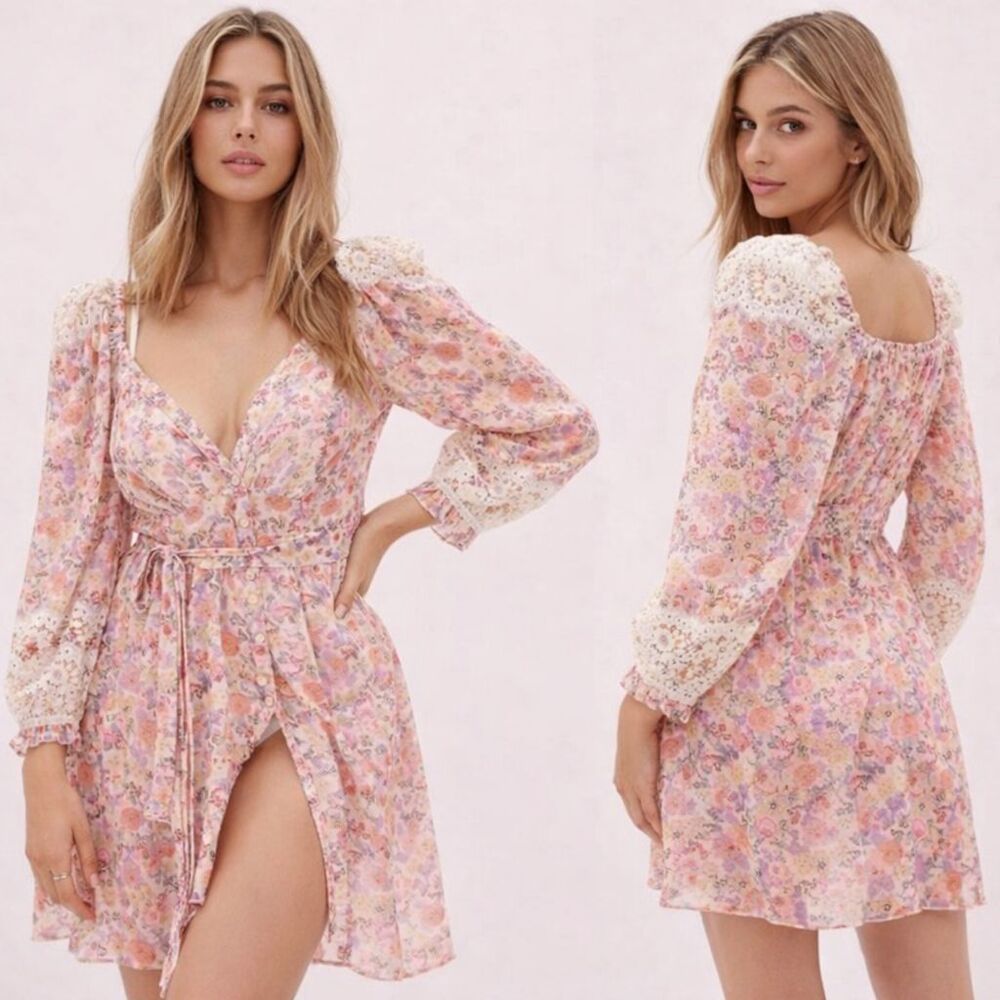 FOR‎ LOVE & LEMONS Women's Floral Lace Robe MEDIUM Mini Dress Sheer SKSFP1105